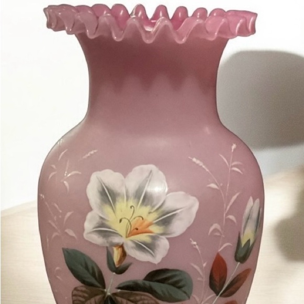 Antique Frosted Pink Ruffled Hand Painted Vase